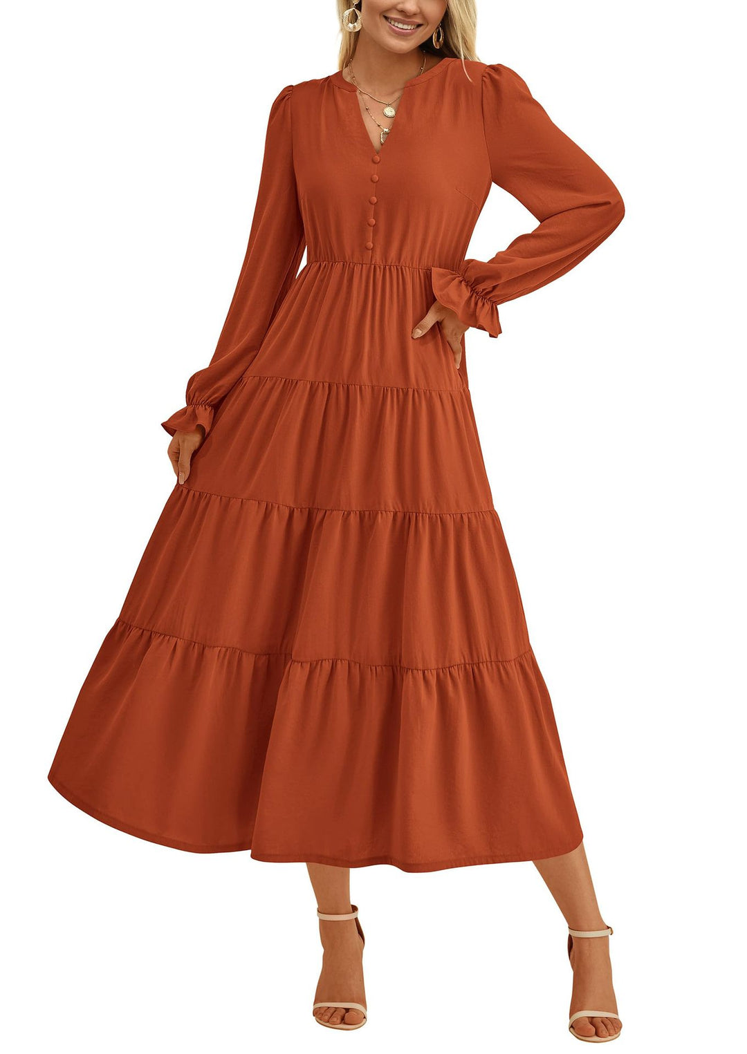 Damen Maxikleid mit romantischen Rüschendetails und elegantem V-Ausschnitt R&B
