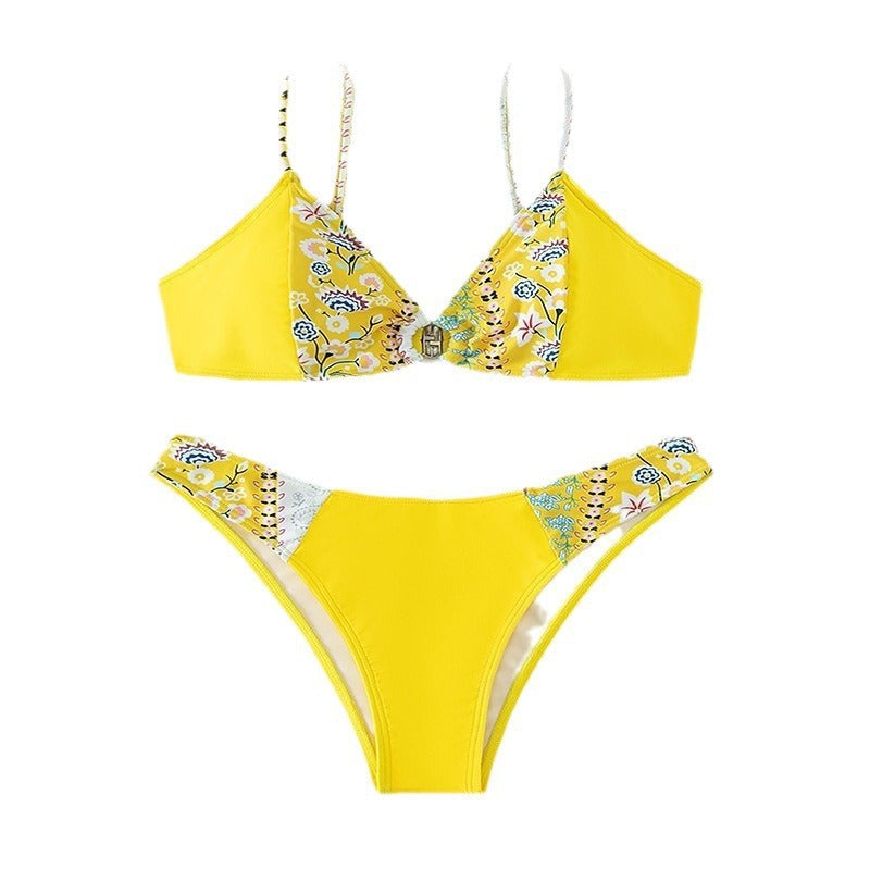 Damen Hochgeschnittener Triangel-Bikini mit floralen Applikationen und Knopfdetail R&B