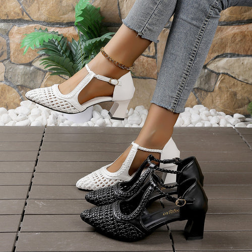 Damen elegante T-strap Sandaletten mit geflochtenem Design und komfortablem Blockabsatz R&B