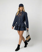 Retro Denim Hemdkleid Minirock mit Rüschen und Taillierung