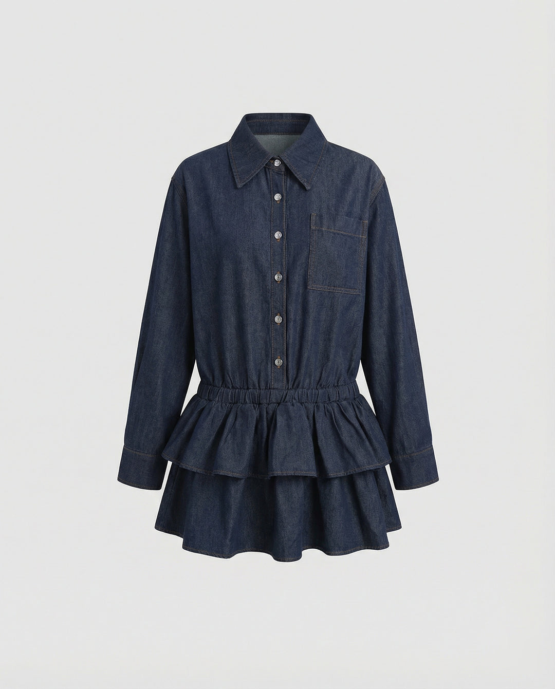 Retro Denim Hemdkleid Minirock mit Rüschen und Taillierung