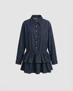 Retro Denim Hemdkleid Minirock mit Rüschen und Taillierung