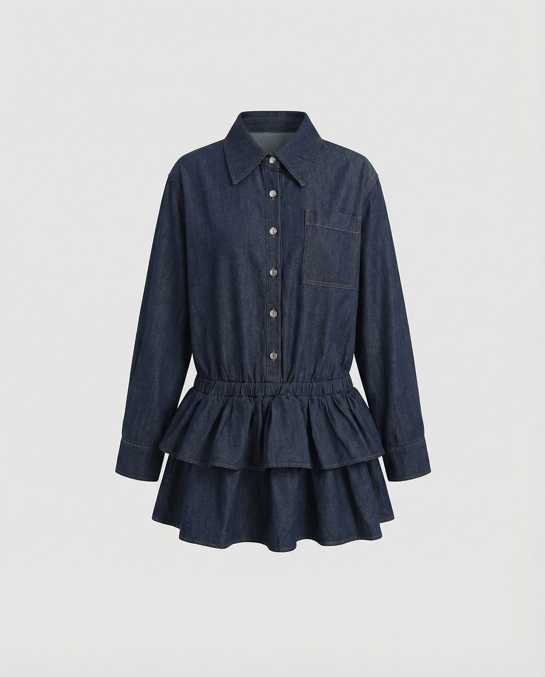 Retro Denim Hemdkleid Minirock mit Rüschen und Taillierung
