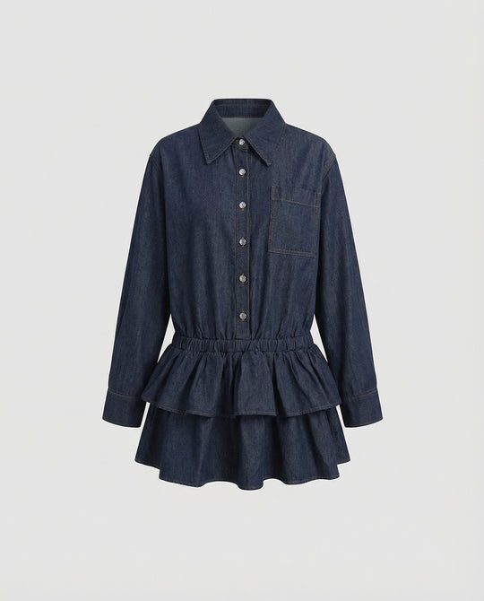 Retro Denim Hemdkleid Minirock mit Rüschen und Taillierung