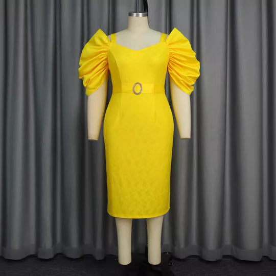 Damen figurbetontes Kleid mit voluminösen Puffärmeln und glitzerndem Gürtel R&B
