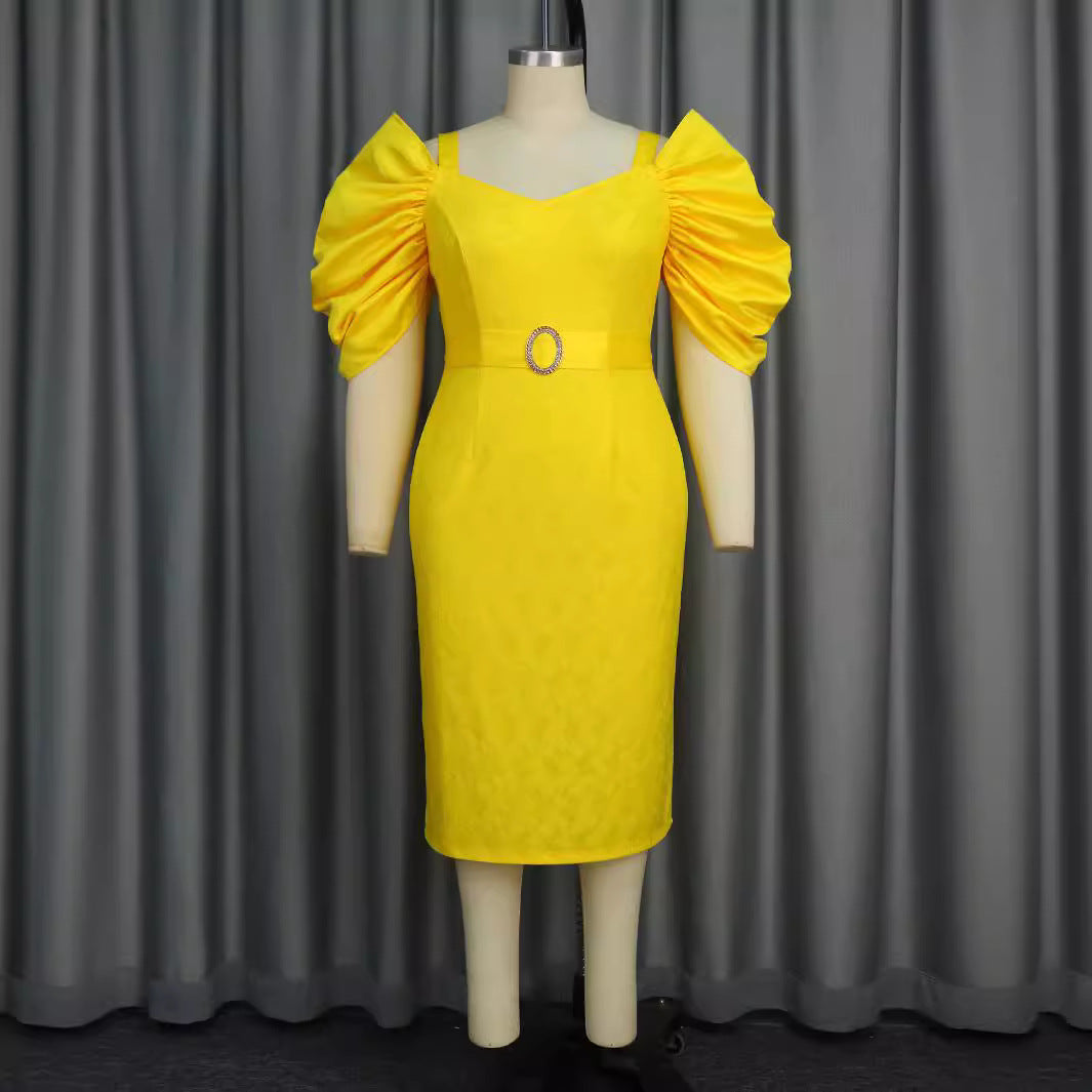 Damen figurumspielendes Kleid mit voluminösen Puffärmeln und Taillengürtel R&B