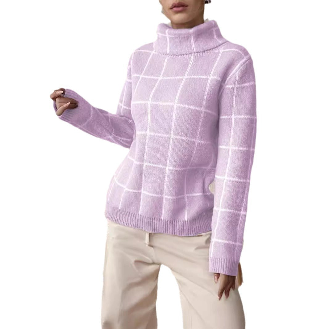 Damen Grobstrickpullover mit modernem Karomuster und hohem Kragen R&B