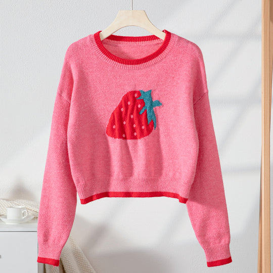 Damen trendiger Pullover mit Erdbeer-Motiv und Kontrastbündchen R&B