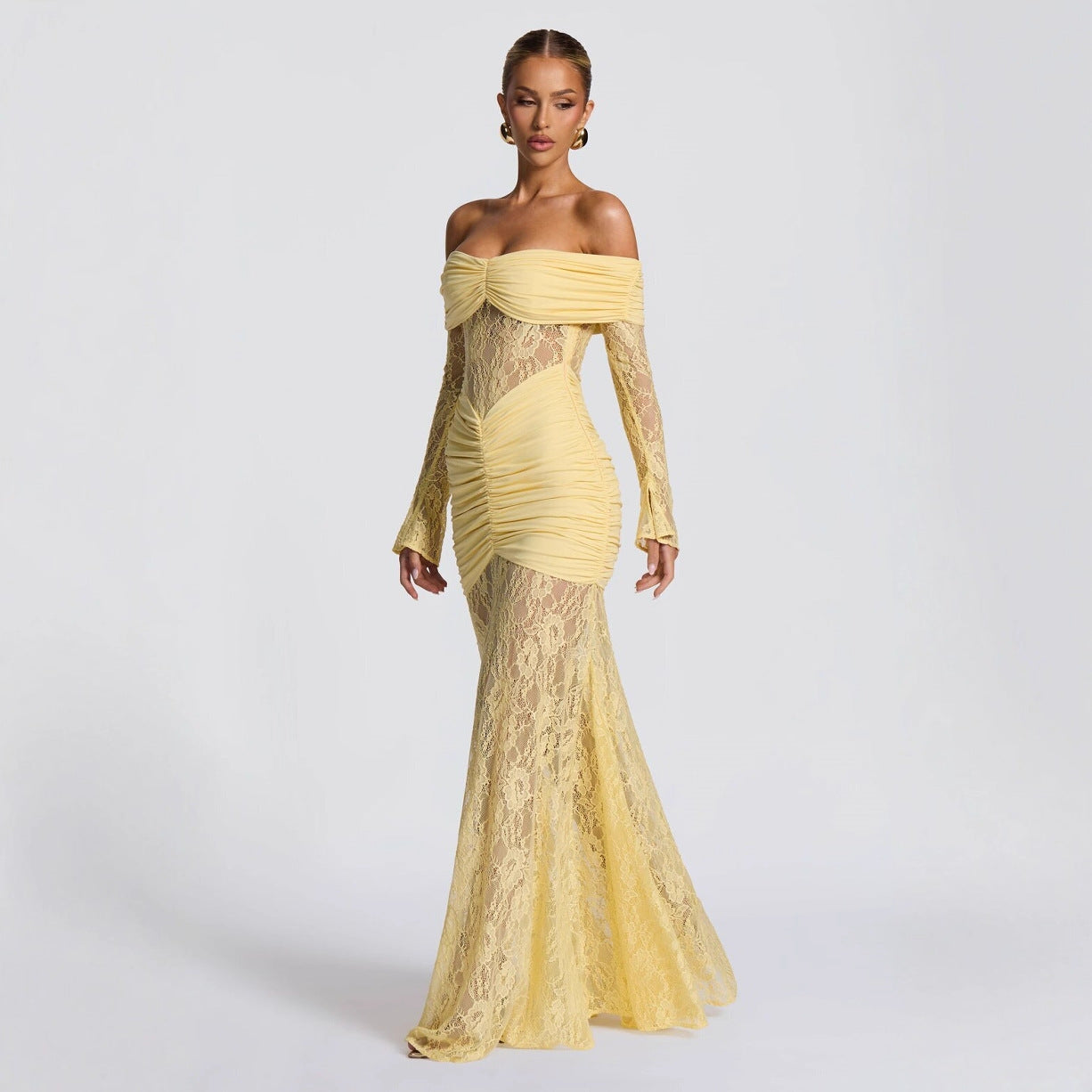 Damen elegantes Spitzenkleid mit Off-Shoulder-Ausschnitt und Raffungen R&B