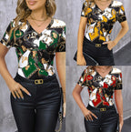 Damen V-Ausschnitt T-Shirt mit luxuriösem Chain-Muster und figurbetonter Passform R&B