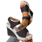 Damen Wedge-Sandalen mit elastischem Riemen und dekorativer Bast-Optik R&B