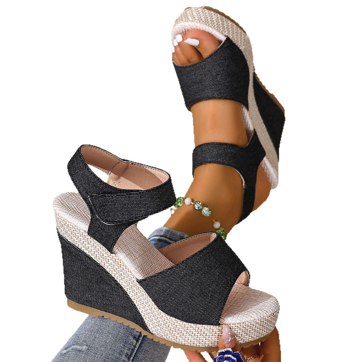 Damen Wedge-Sandalen mit elastischem Riemen und dekorativer Bast-Optik R&B