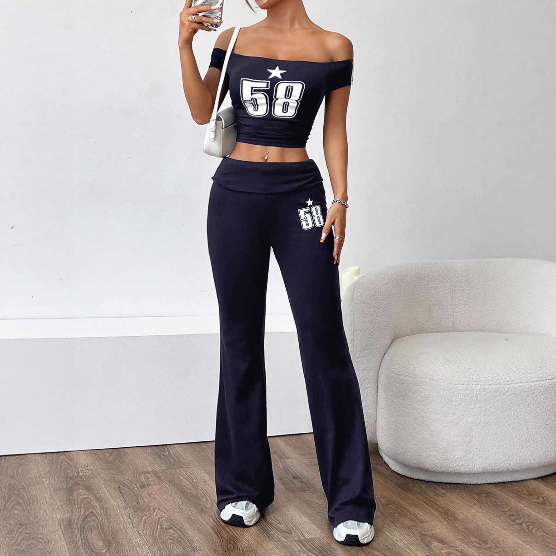 Damen Off-Shoulder Crop-Top und weite Hose Set R&B