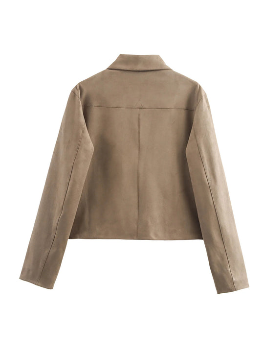 Damen modische Kurzjacke aus hochwertigem Wildlederimitat mit praktischen Taschen R&B