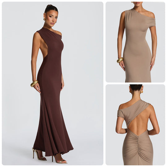 Damen Elegantes asymmetrisches Maxikleid mit schulterfreiem Design R&B