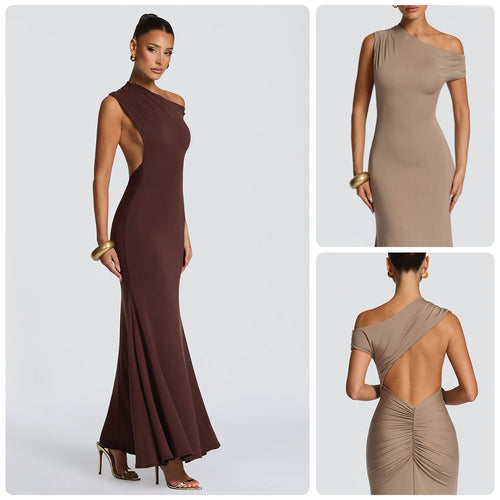 Damen Elegantes asymmetrisches Maxikleid mit schulterfreiem Design R&B