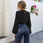 Damen modisches Cropped Blusenoberteil mit voluminösen Ärmeln und eleganter Knopfleiste R&B
