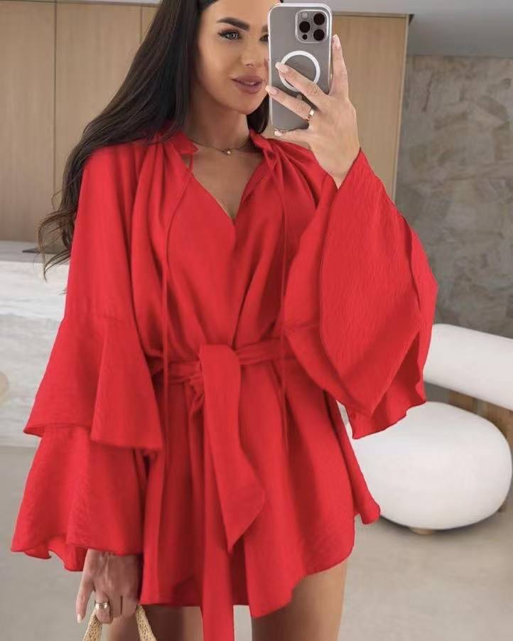 Damen luftige Strandbluse mit voluminösen Ärmeln und Taillengürtel R&B