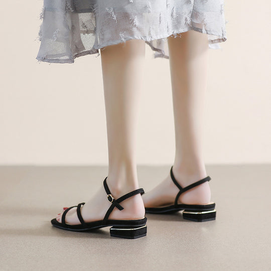 Damen Elegante Fußbett-Sandalen mit dünnen Riemen und modischem Blockabsatz R&B