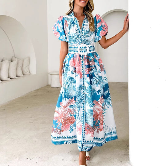 Damen Maxikleid mit voluminösen Puffärmeln und zartem Blumenmuster R&B