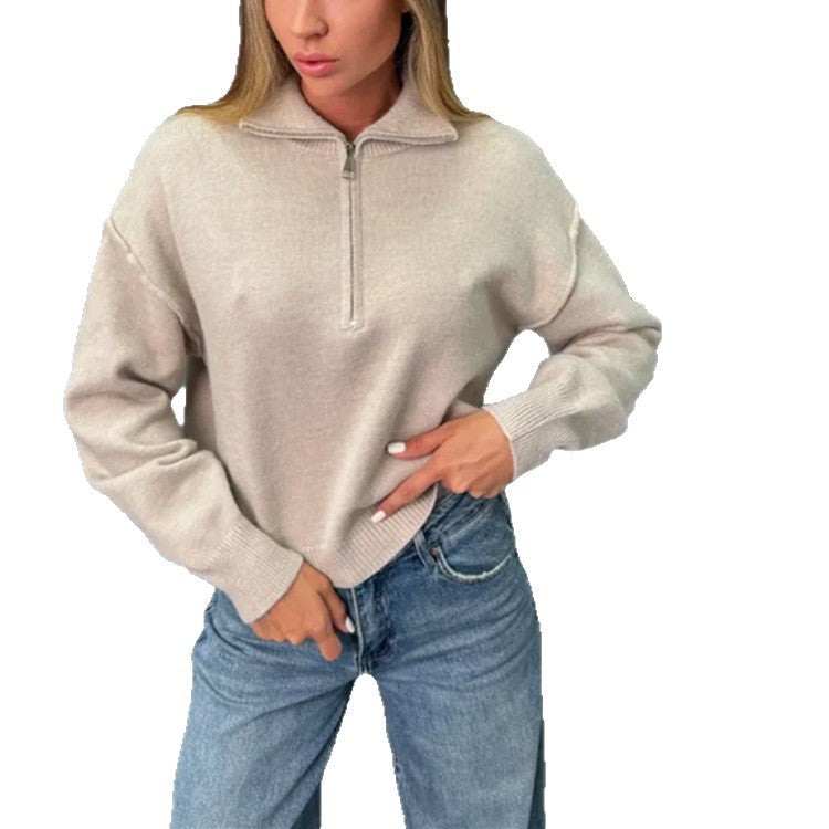 Damen modischer Sweater mit halbem Reißverschluss und weiten Ärmeln