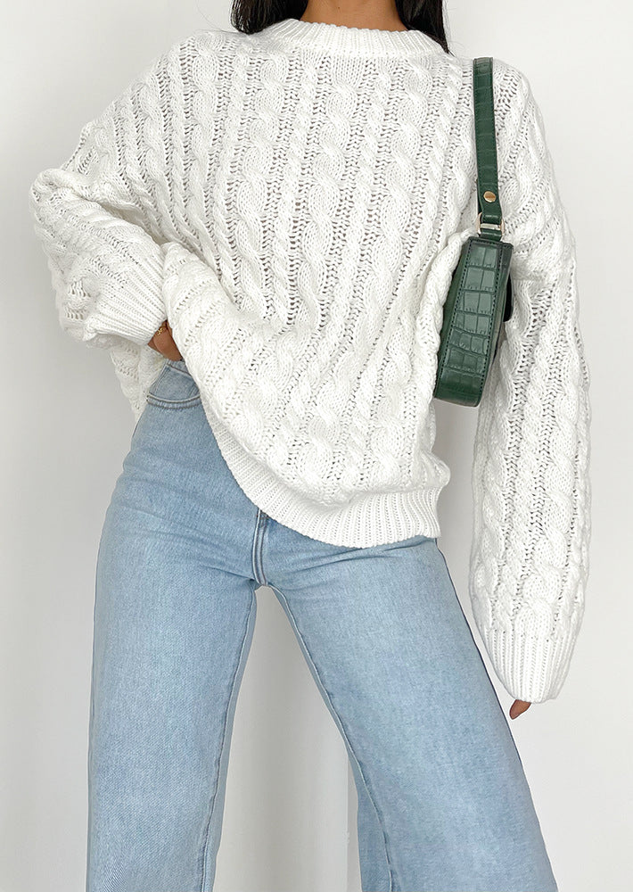 Damen grob gestrickter Pullover mit Zopfmuster und weitem Schnitt R&B