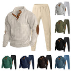 Herren nan gerippter Henley-Freizeitanzug mit dekorativer Knopfleiste und Wildleder-Ellenbogenpatch konisch geschnittene Jogginghose R&B