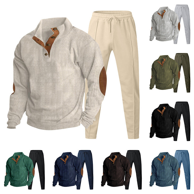 Herren nan gerippter Henley-Freizeitanzug mit dekorativer Knopfleiste und Wildleder-Ellenbogenpatch konisch geschnittene Jogginghose R&B