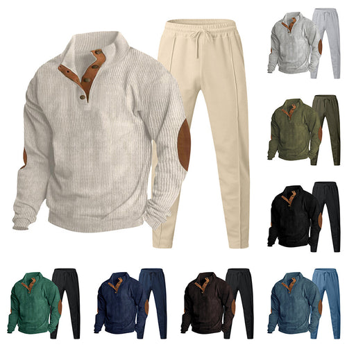 Herren nan gerippter Henley-Freizeitanzug mit dekorativer Knopfleiste und Wildleder-Ellenbogenpatch konisch geschnittene Jogginghose R&B