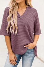 Damen casual V-Ausschnitt Oberteil mit strukturiertem Stoff und Seitennahttaschen R&B
