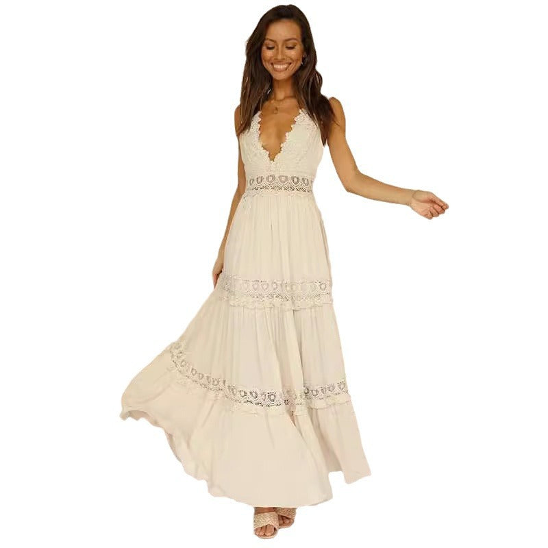 Damen Elegantes Maxikleid mit tiefem V-Ausschnitt und verspielten Häkelapplikationen R&B