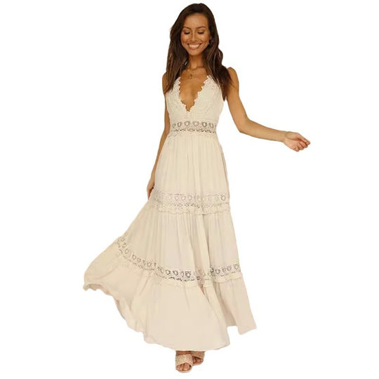 Damen Elegantes Maxikleid mit tiefem V-Ausschnitt und verspielten Häkelapplikationen R&B