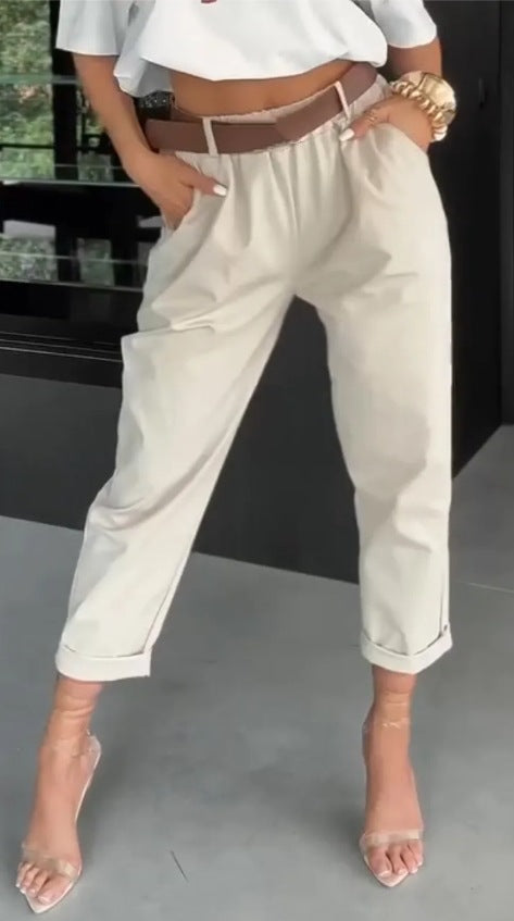 Damen nan hochtaillierte Paperbag-Hose mit gerafftem Bund, Eingrifftaschen und gekrempeltem Saum R&B