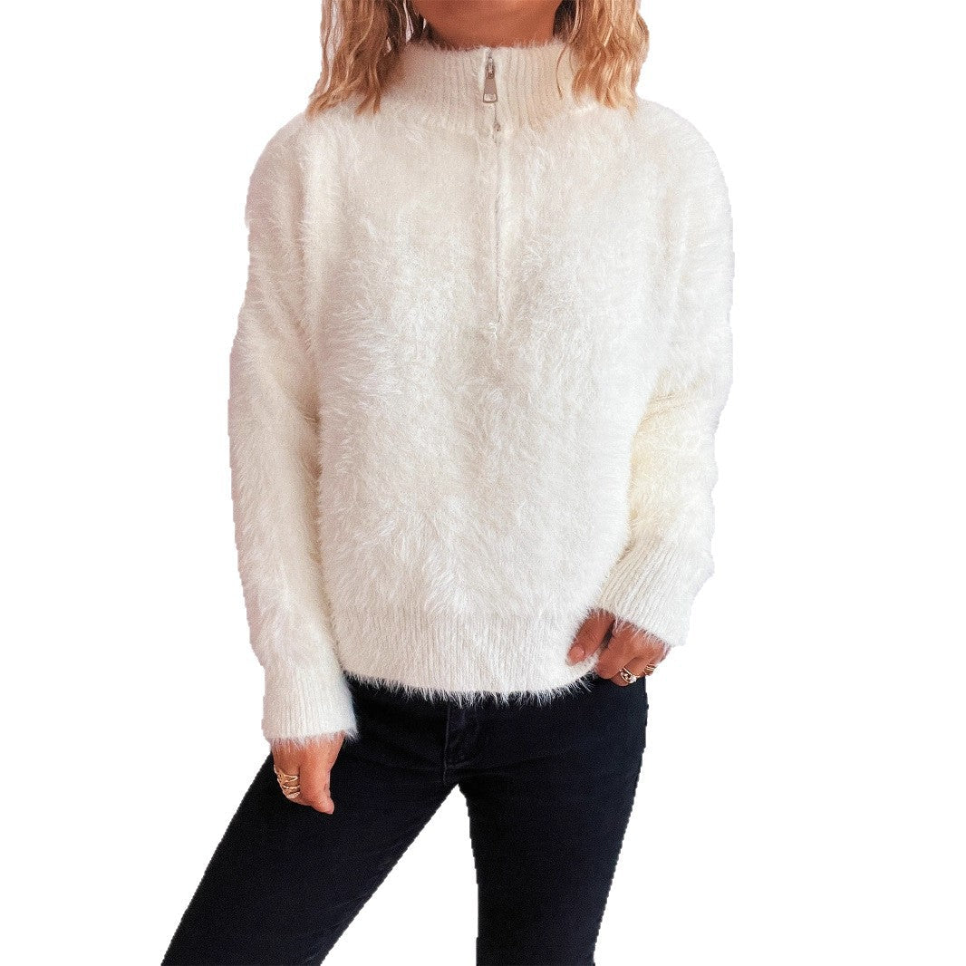 Damen kuscheliger Pullover mit hohem Kragen und Reißverschluss R&B