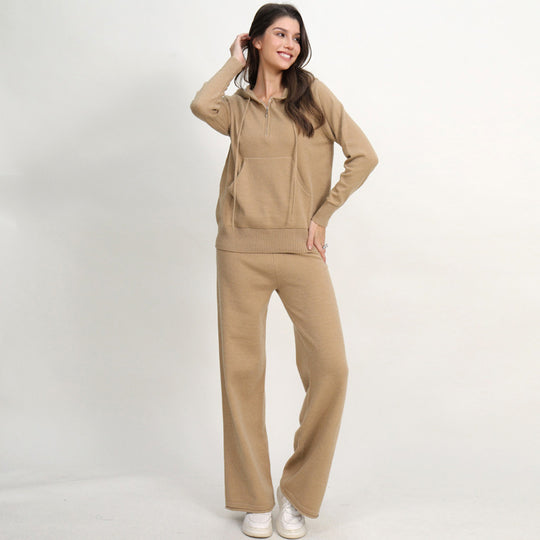 Damen lässiges Strick-Loungewear-Set mit Kapuze und weitem Bein R&B