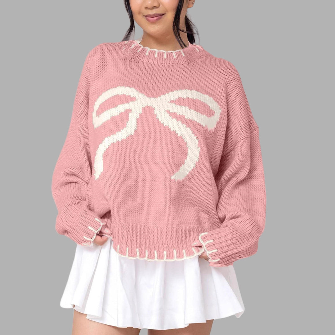 Damen lässiger Pullover mit kontrastierenden Schleifen-Detail und geripptem Saum R&B