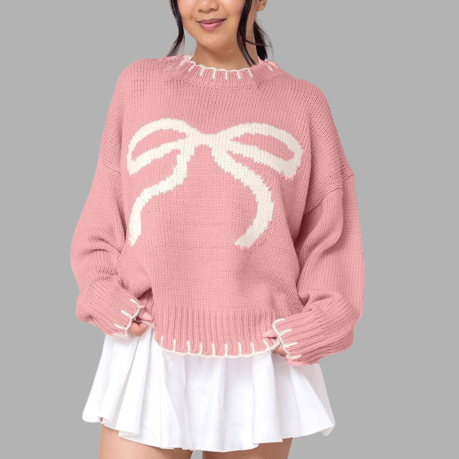 Damen lässiger Pullover mit kontrastierenden Schleifen-Detail und geripptem Saum R&B