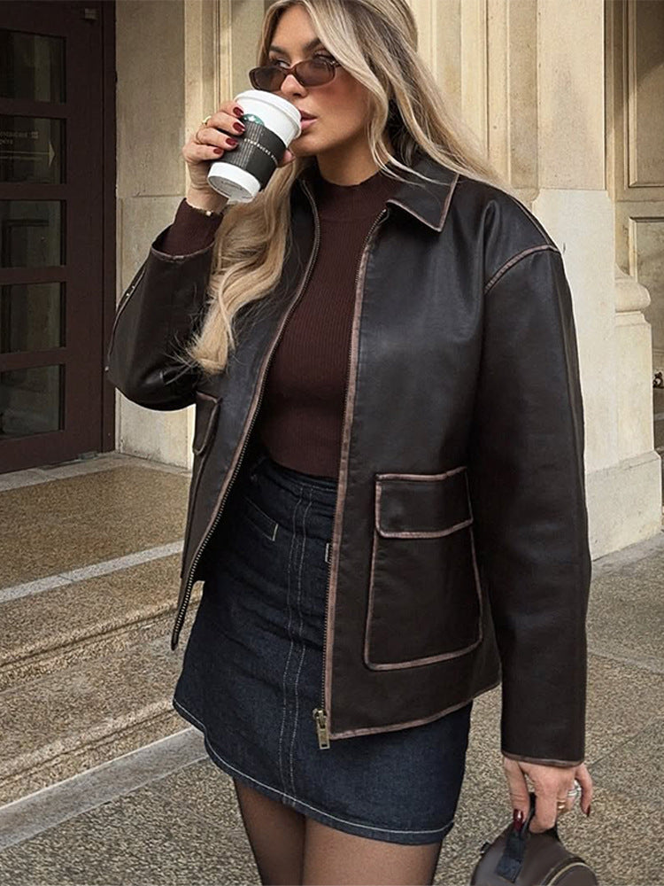 Damen Kunstlederjacke mit klassischen Details R&B