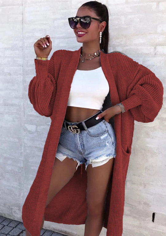 Damen Langer Strickcardigan mit weiten Ärmeln und praktischen Taschen R&B