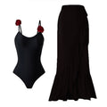Damen Einteiler Badeanzug mit dekorativen Blumenapplikationen und elegantem Wickelrock R&B