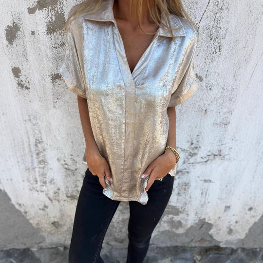 Damen Elegante und lässige Satinbluse mit kurzen Ärmeln R&B