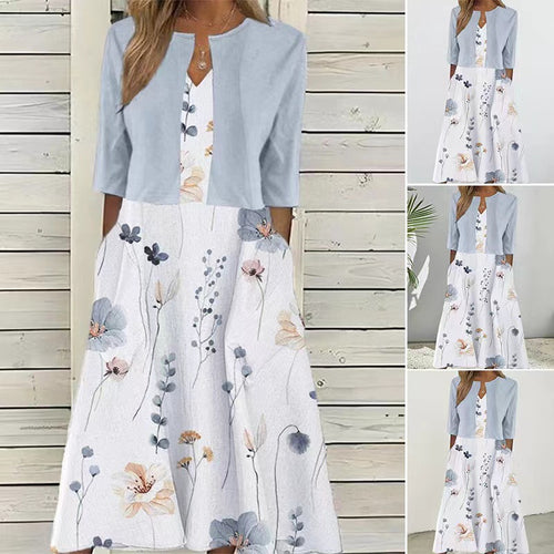 Damen nan Maxikleid mit separatem Bolero, V-Ausschnitt, Eingrifftaschen und floraler A-Linien-Silhouette R&B