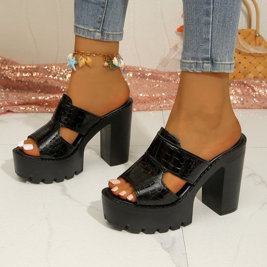 Damen Wedge-Pantoletten mit modischem Krokodil-Leder-Look und bequemem Blockabsatz R&B