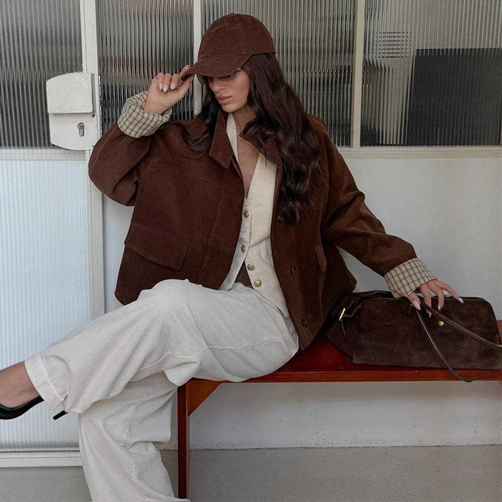 Damen lässige Cordjacke mit einzigartigem Schnitt und modischen Details R&B