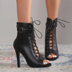 Damen Schnürstiefeletten mit offenem Zehenbereich und hohem Absatz R&B