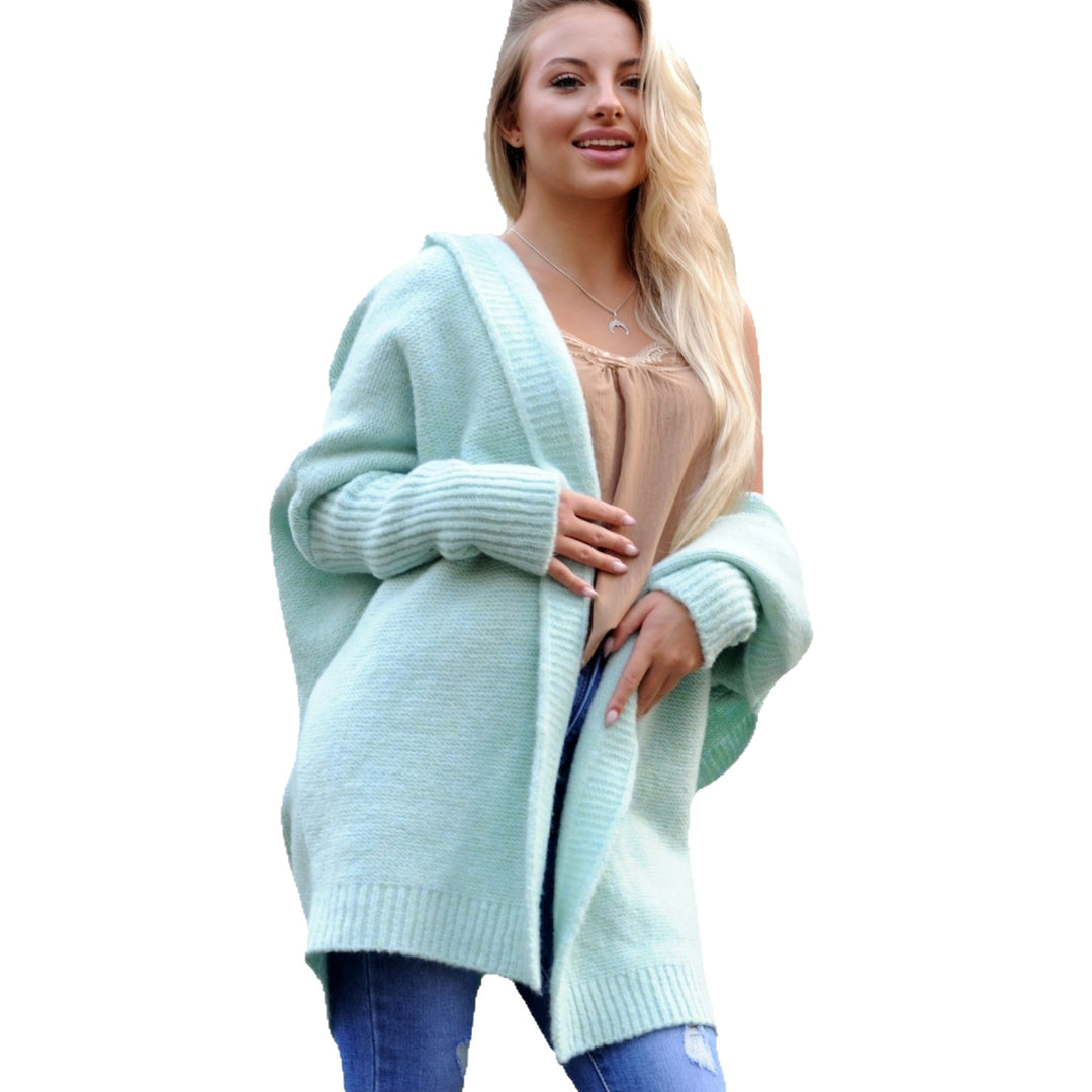 Damen gemütlicher Strickcardigan mit Kapuze und weit geschnittenen Ärmeln R&B