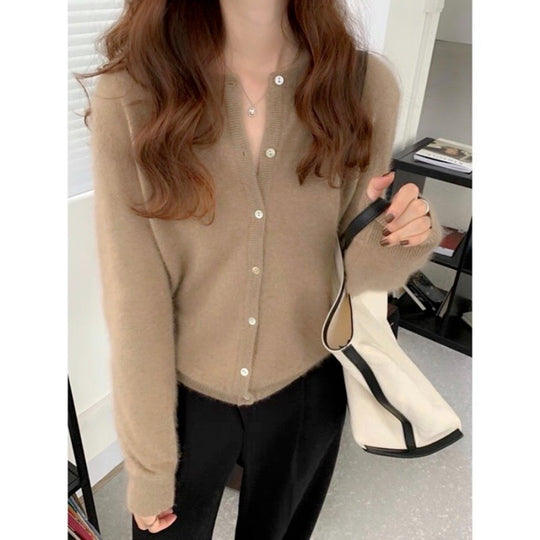 Damen kuschelige Strickjacke mit feiner Textur und Knöpfen R&B