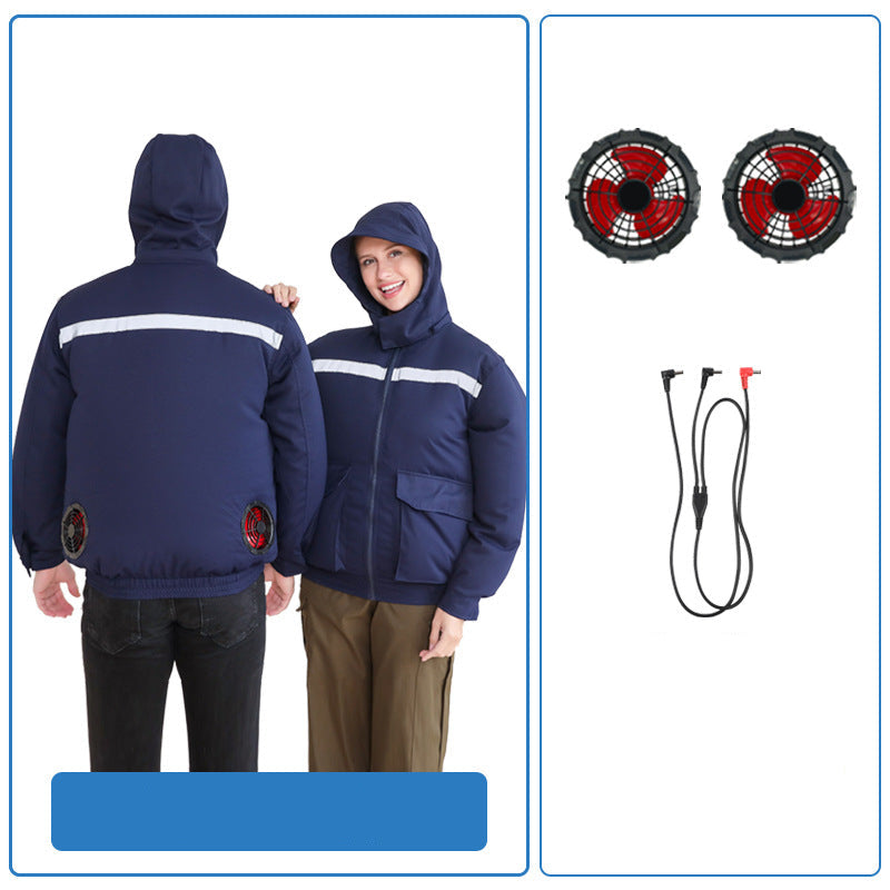 Unisex nan ventilated jacket for work and outdoor with integrated USB fans, battery compartment and hood R&B