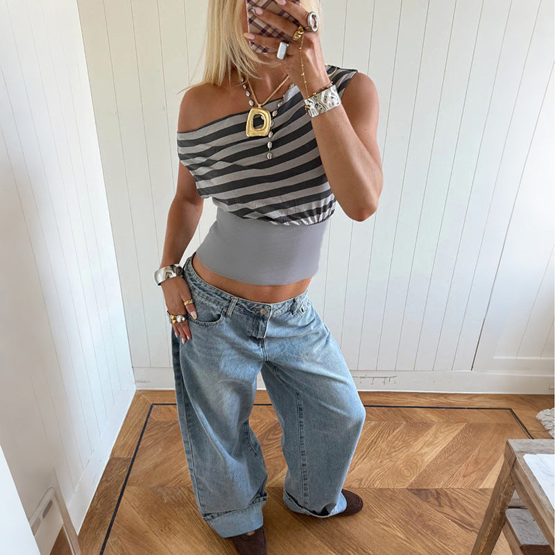 Damen Asymmetrisches Top mit gestreiftem Design R&B