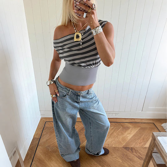 Damen Asymmetrisches Top mit gestreiftem Design R&B